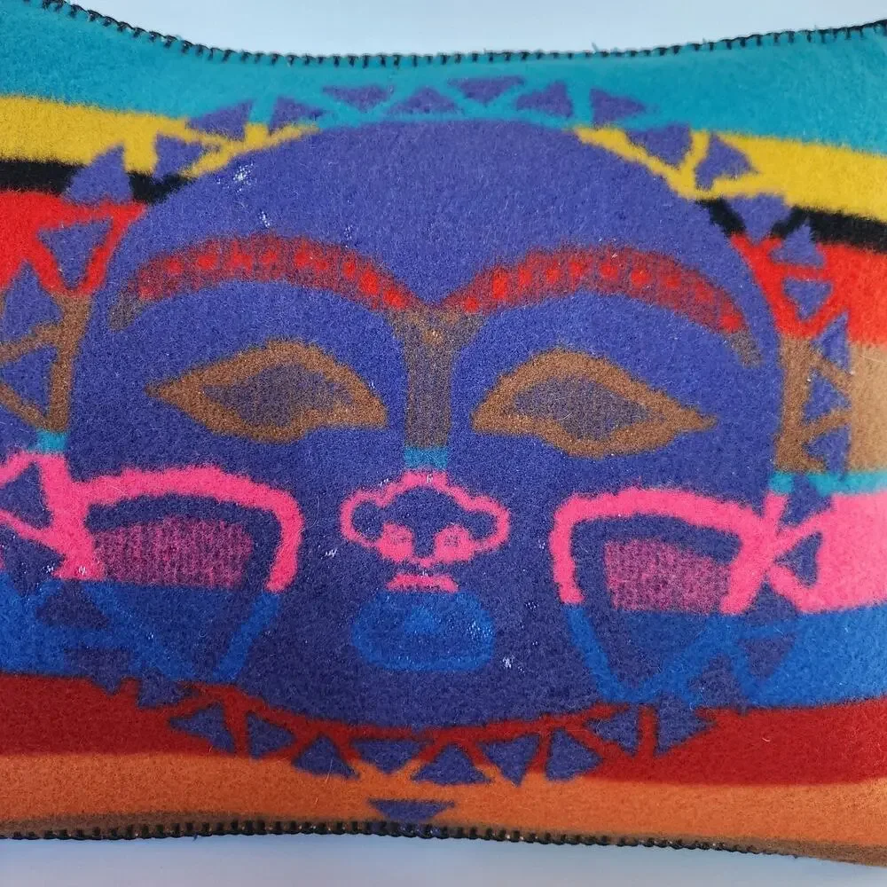 Vintage 70s Artisan Wool Leather Folk Art Tribal Boho Hand Stitched Pillow 20x15